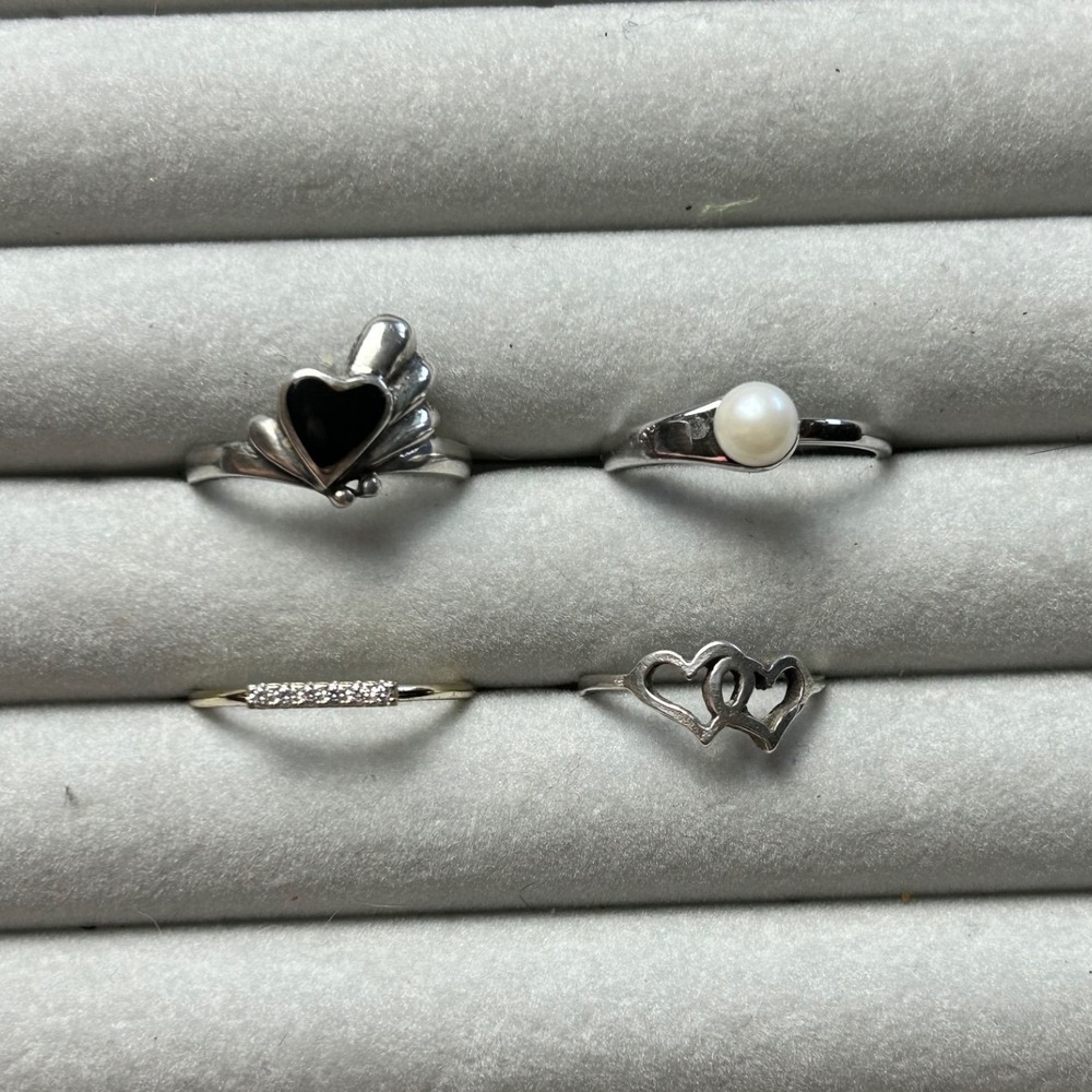 Sterling Silver Ring Lot 4pc Hearts Pearl Stone Bar Sizes 4.5-8 7.37g